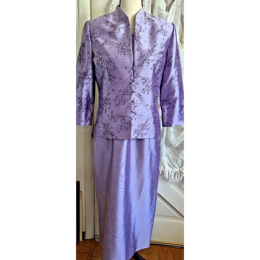 Womens 10P Purple Dress Jacket Set Lined Embellished Floral Blazer Party Event